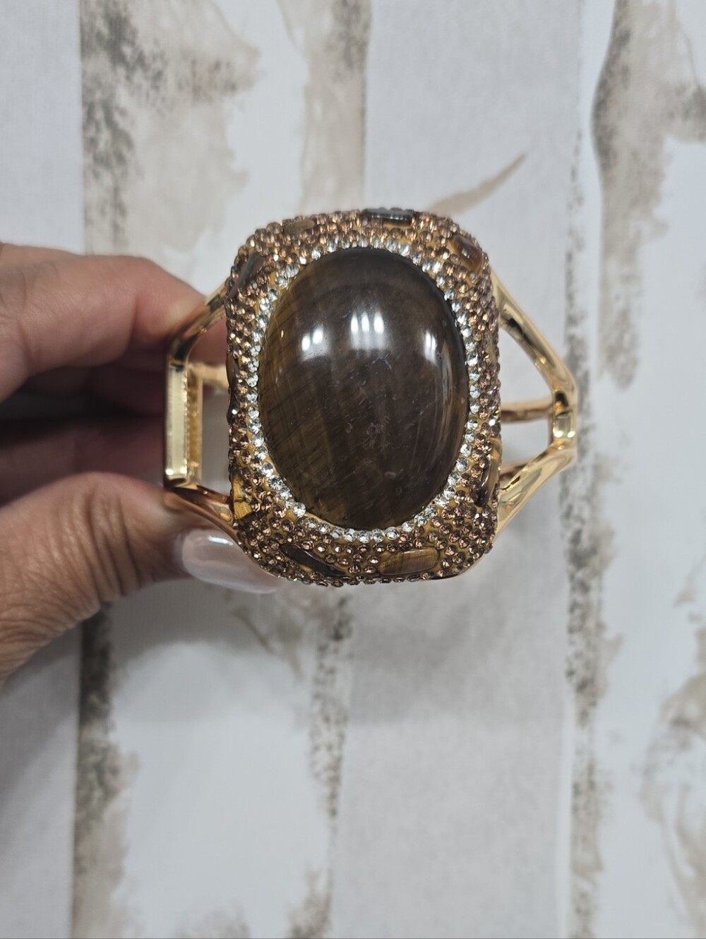 Gold Tone Bracelet Cuff with Natural Tiger's Eye Stone & Crystals